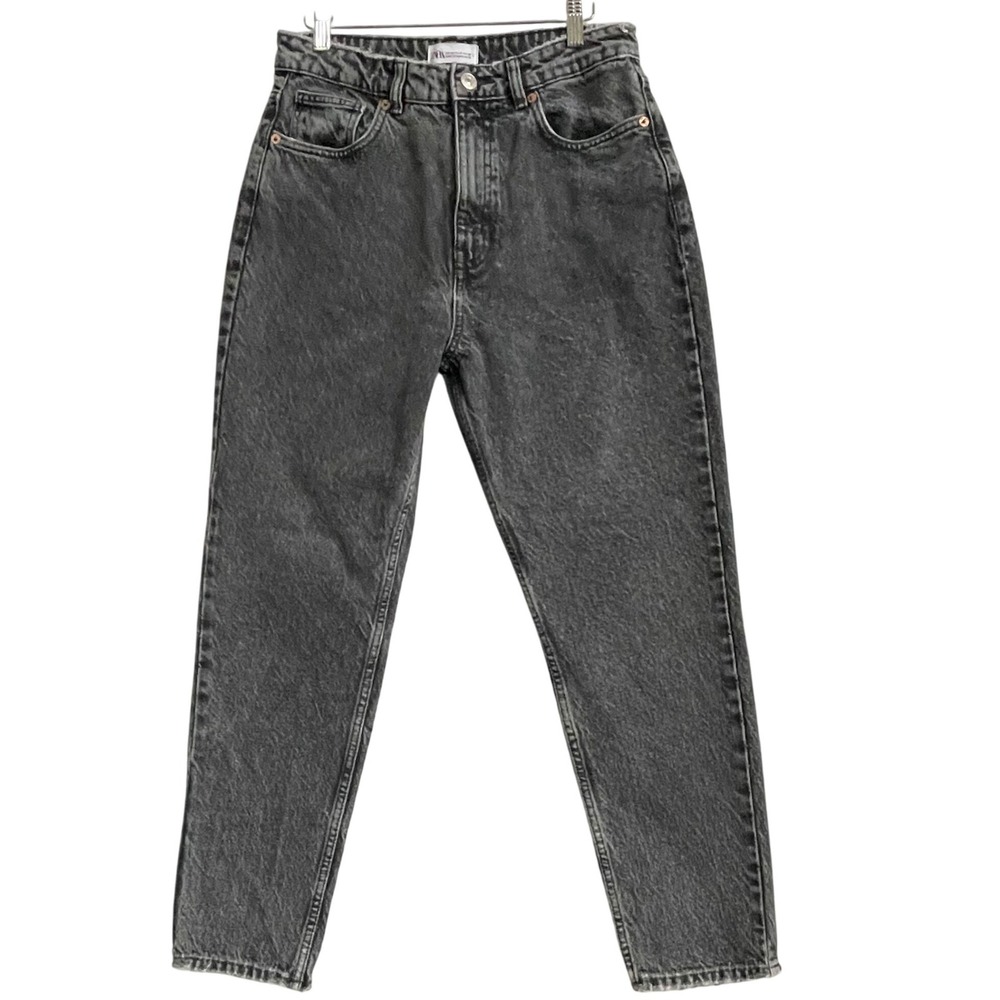 Zara High‎ Rise Acid Wash Black Mom Jeans Size 8 (30) Tapered Leg Vintage Look